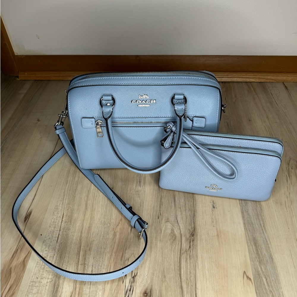 Coach Rowan Leather Satchel + matching wristlet in Marble Blue